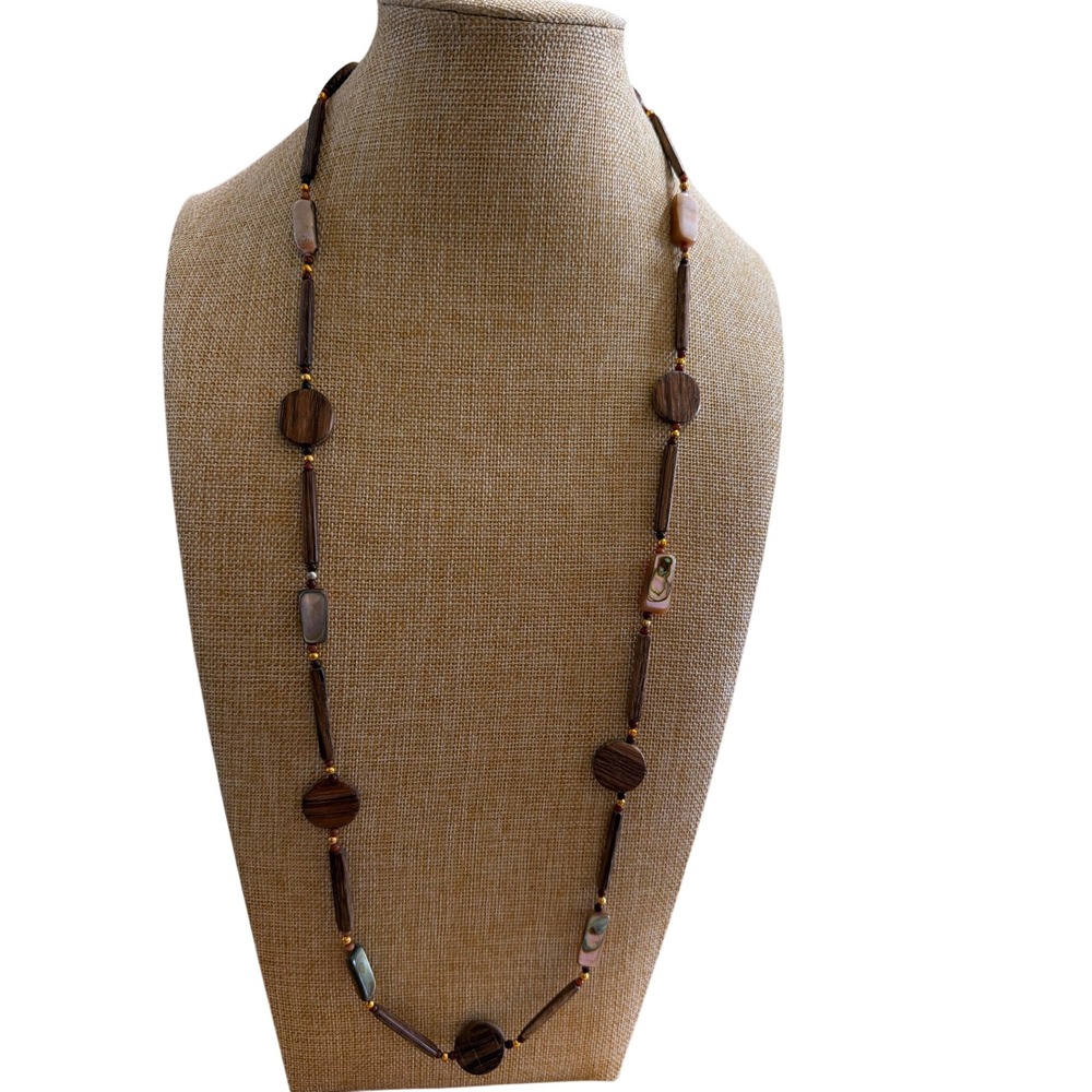 Vintage Boho Wood and Abalone Shell Long Beaded Strand Necklace Brown Hippie